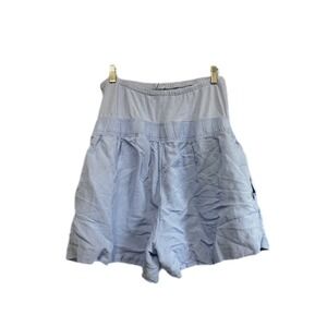 H&M Mama Maternity Shorts Women Large Blue Excellent Linen Blend Over Belly